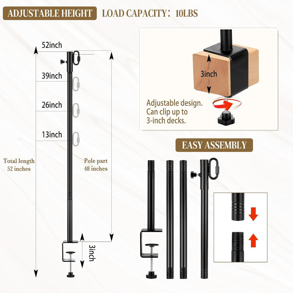 2 Pack Deck String Light Poles with Adjustable 3" Clamp, Outdoor Light P...