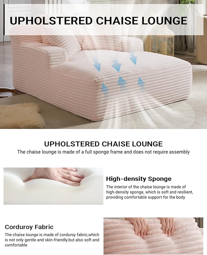 67 Inch Chaise Lounge Chair Indoor, Oversized Corduroy Upholstered Boneless S...