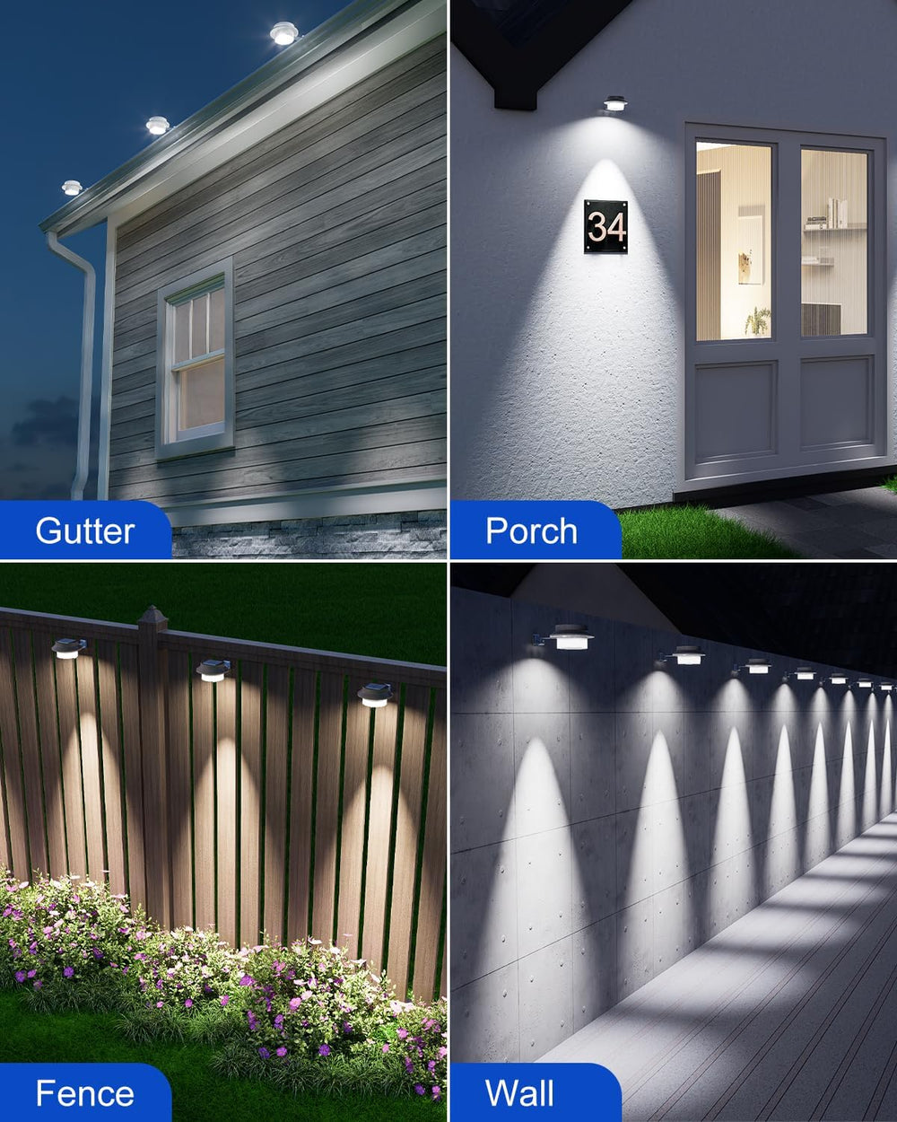 FALOVE 4 Pack Cool White Bright Solar Powered Gutter Mounted Lights Outdoor