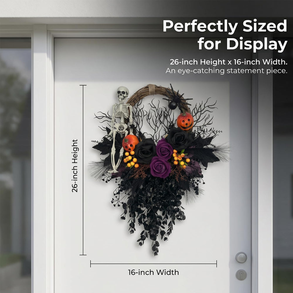 Halloween Wreath for Front Door 16" Dark Gothic Skull Spooky Decor