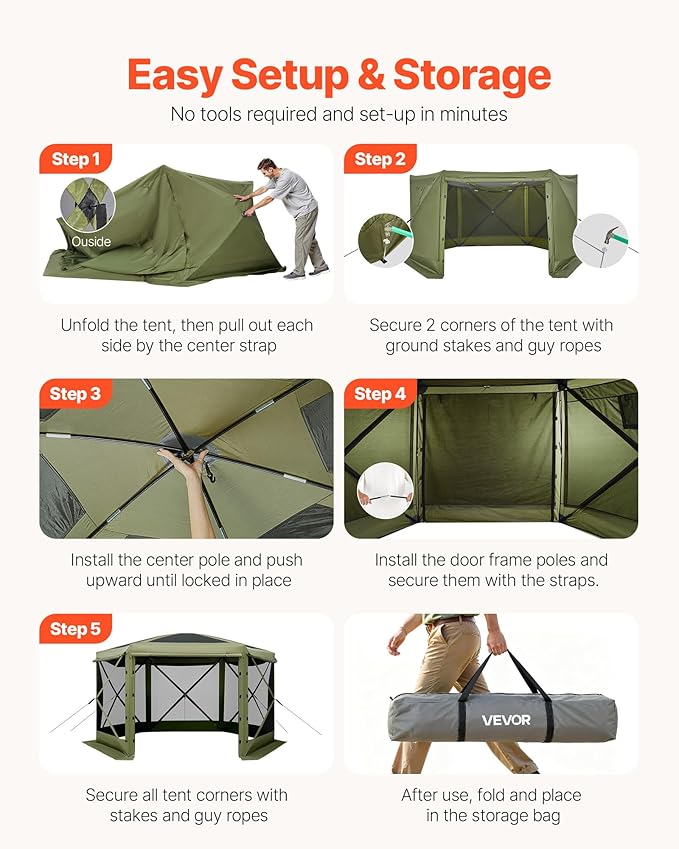 VEVOR Pop up Gazebo Screen Tent, 10 x 10 ft Large 6-Sided Camping Canopy Tent...