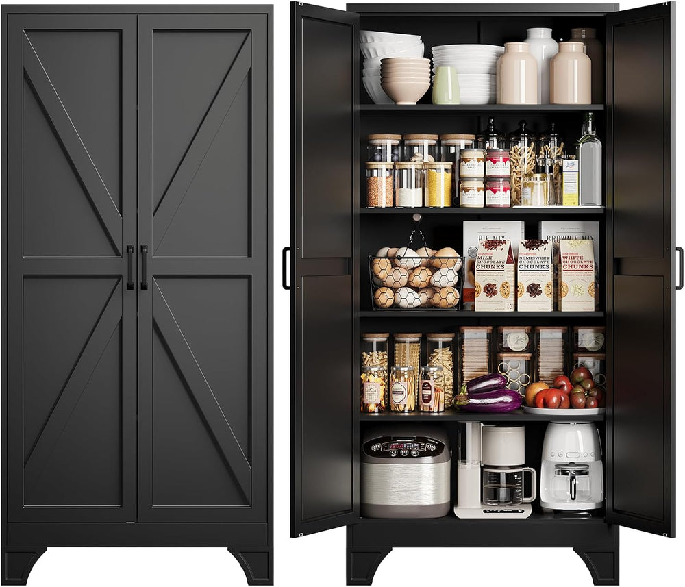 75" Black Metal Pantry Storage Cabinet,Garage Tool Storage Cabinets