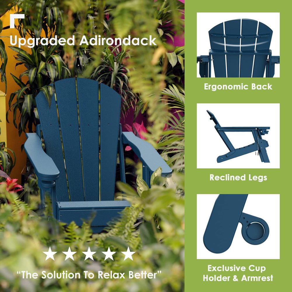GREENVINES Folding Adirondack-Chairs-with-Ottoman Set of 2, HDPE, Blue