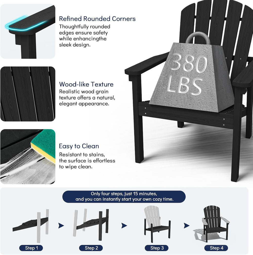Compact Stackable Adirondack Chairs Set of 4,HDPE,Black | 26.3" Wide HDP...