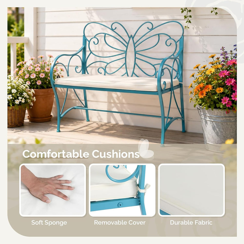 VINGLI 38.7in Cast Iron Outdoor Bench with Cushion, All Weather Resistant Met...
