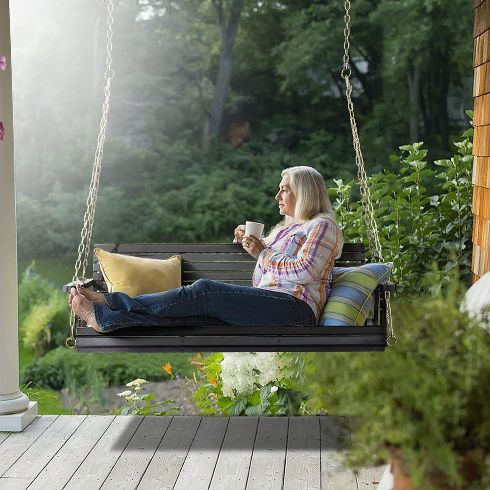 Bonnlo 5FT Black 880LBS Porch Swing, Wooden Bench with Adjustable Safe Chains