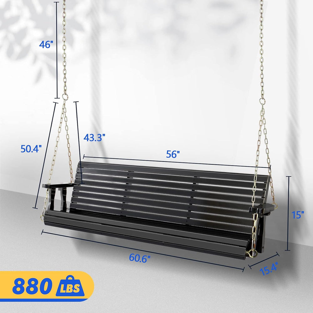 Bonnlo 5FT Black 880LBS Porch Swing, Wooden Bench with Adjustable Safe Chains