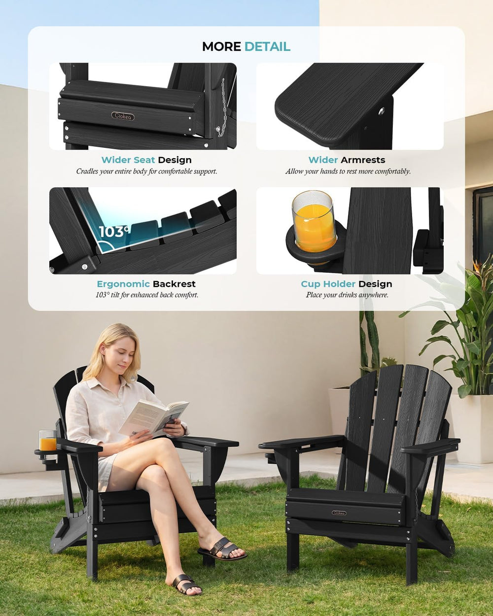 Ciokea Folding Adirondack Chair Wood Texture for Patio, Weather Resistant, Pl...