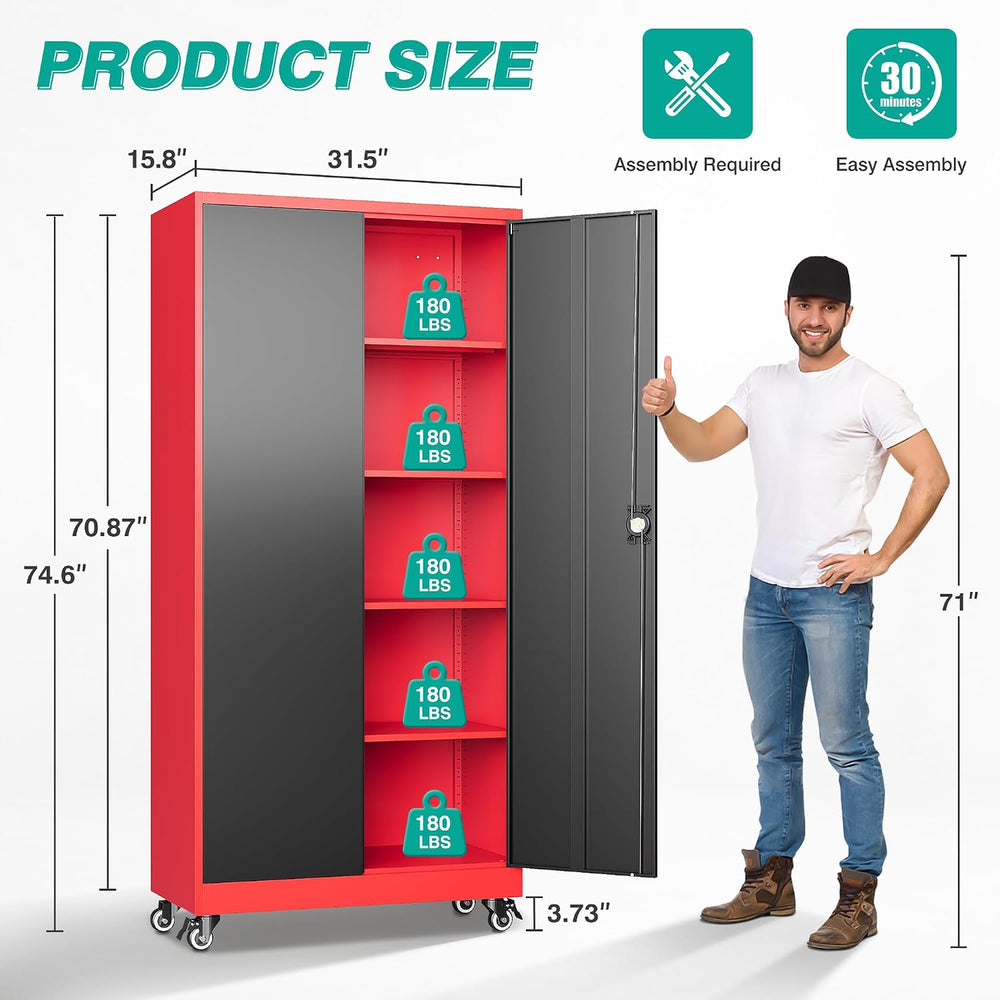 SISESOL 75" Tall Metal Storage Cabinet with Wheels,Rolling Garage Storag...