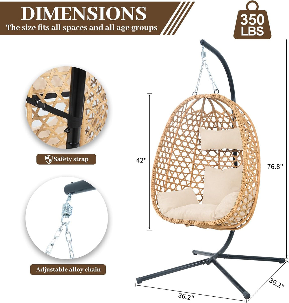 Outdoor Hanging Egg Chair with Stand,Patio Rattan Hammock Chair,Burlywood
