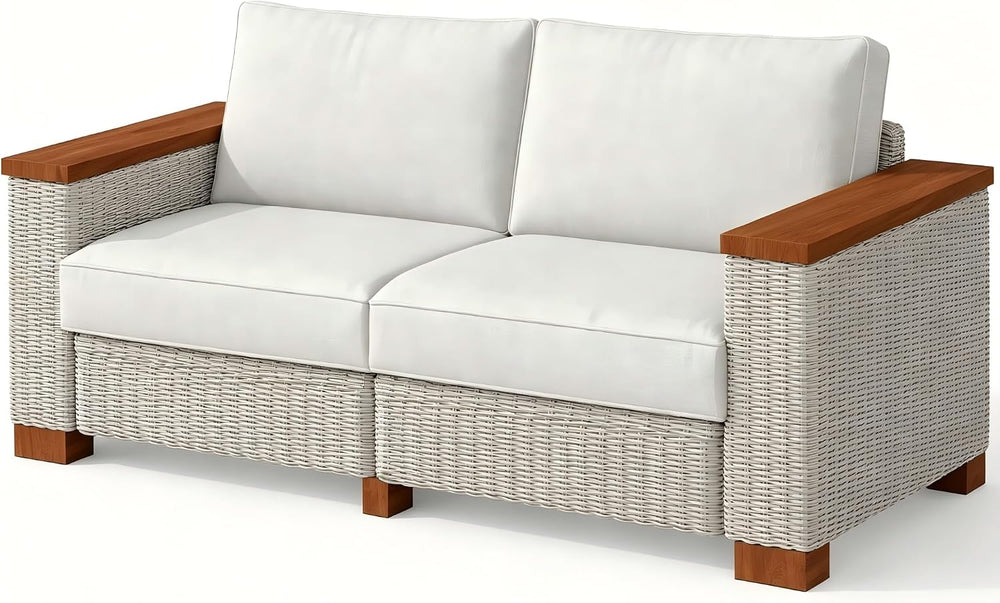 PaPaJet Outdoor Loveseat Patio Sofa, Wicker Couch with Solid Armrests & L...
