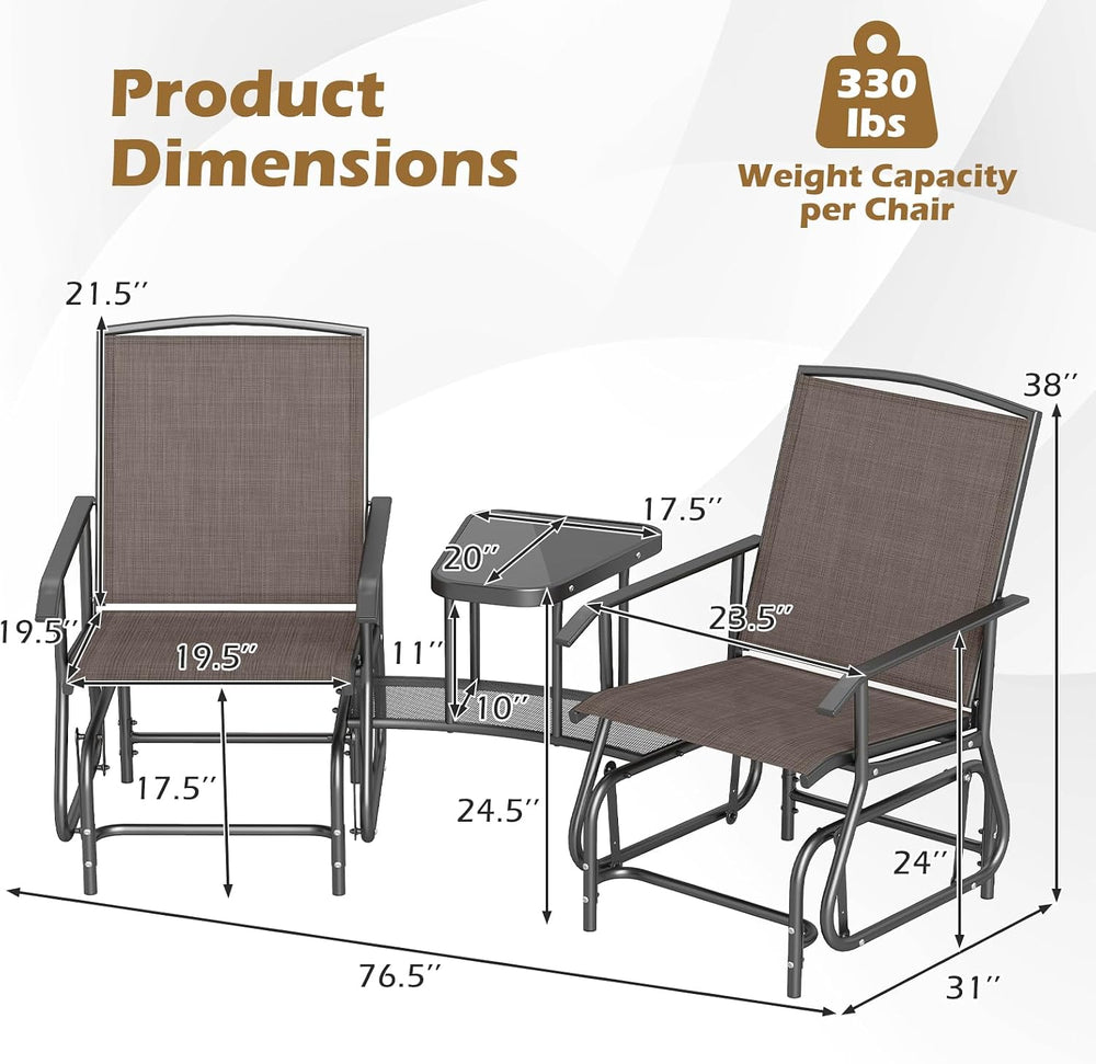Tangkula 2-Seater Outdoor Glider Bench with 2-Tier Center Table (Brown)