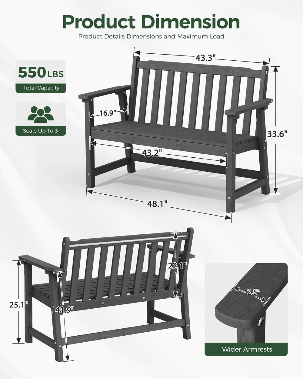 48" HDPE Weatherproof Outdoor Bench, Garden Porch Benches, Grey