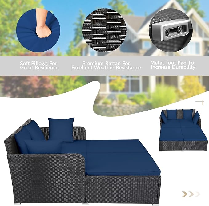 COSTWAY Outdoor Patio Rattan Daybed, Sponge Cushioned Loveseat Sofa with 4 Pi...