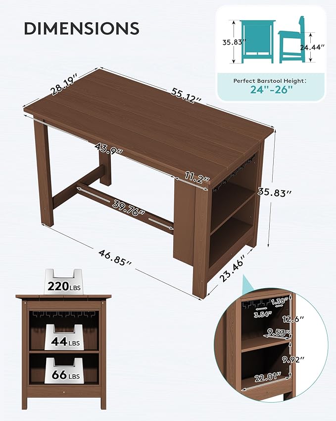 SERWALL Outdoor Bar Table, All Weather HDPE 36" Counter Height Dining Ta...