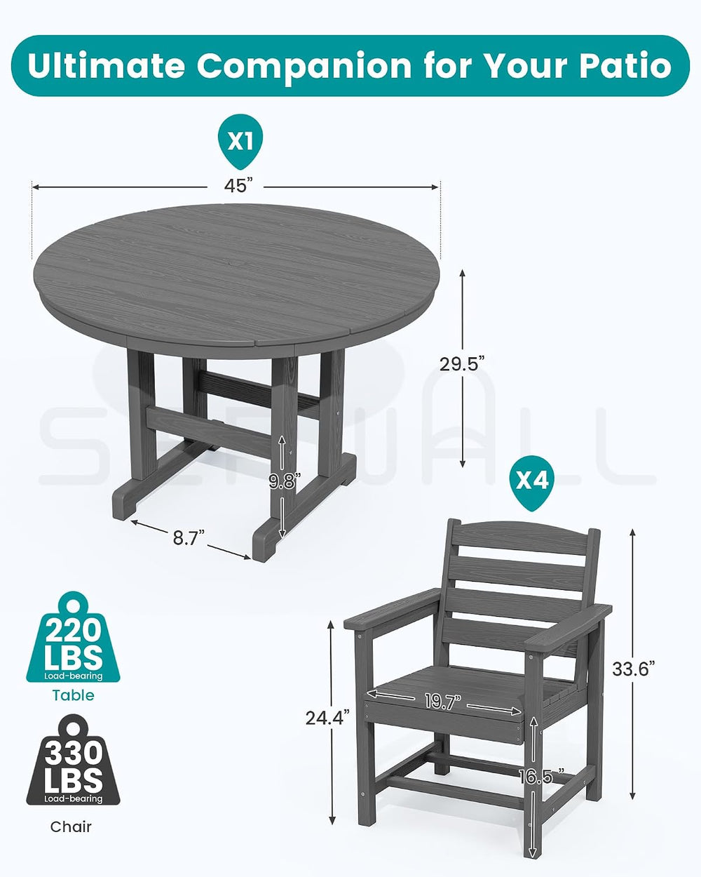 SERWALL 5-Piece Patio Round Dining Set, 45" Table, 4 Chairs, Grey