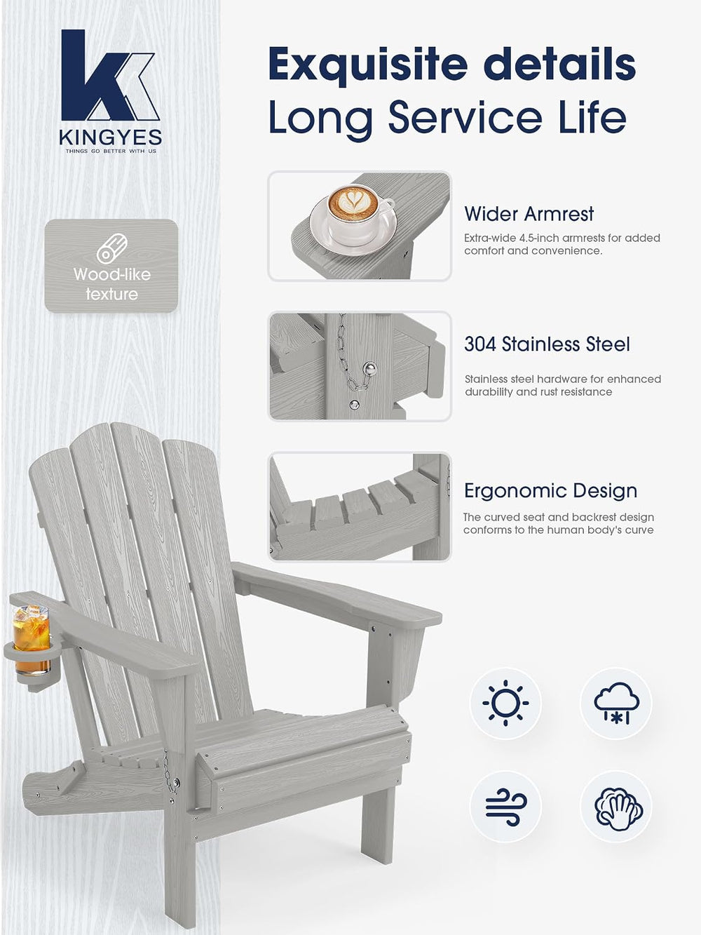 KINGYES Folding Adirondack Chair Set of 2 with Cup Holder, Silver Grey