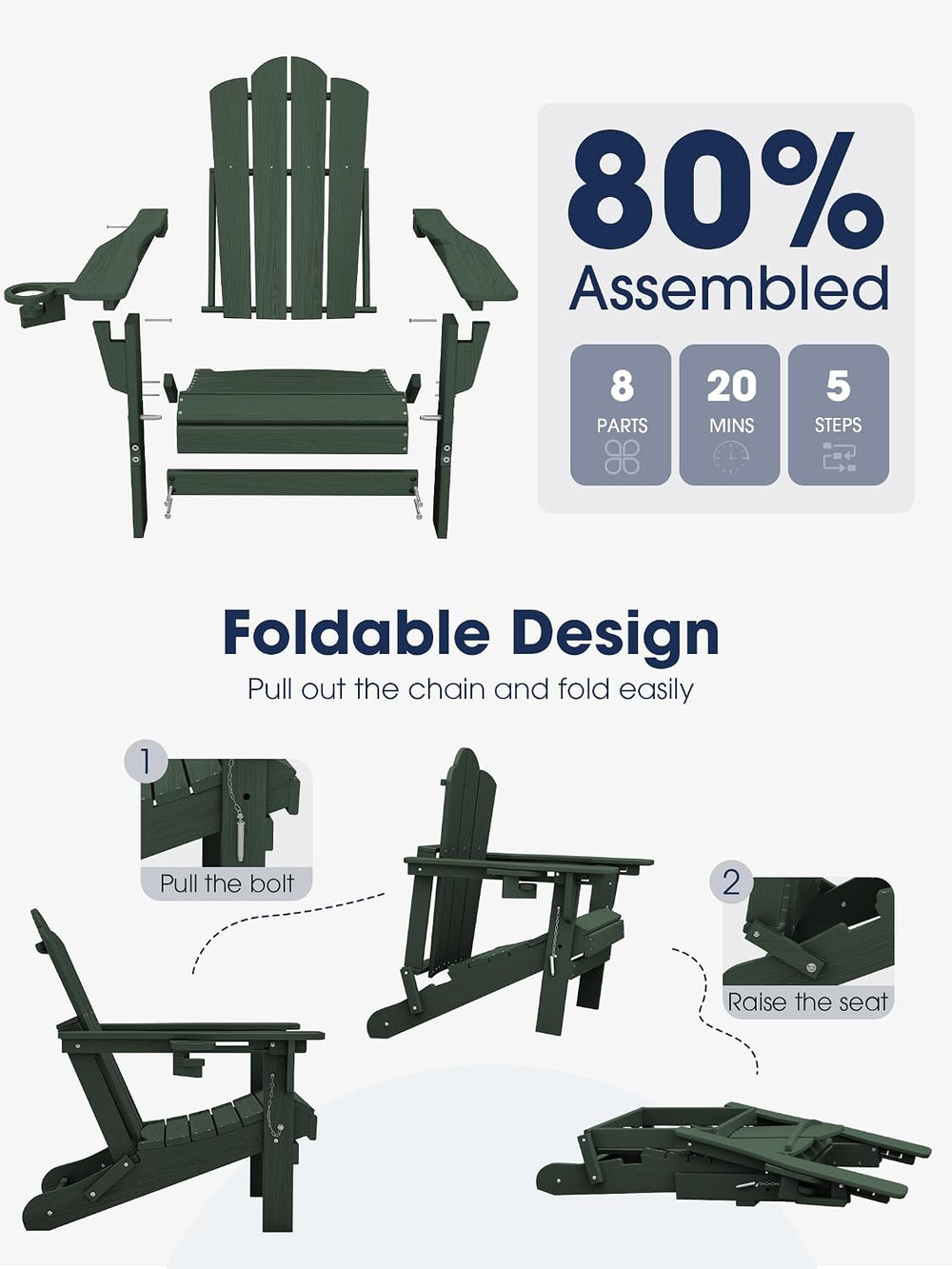 Adjustable Adirondack Chairs Set of 4, Folding Outdoor Chair, Green