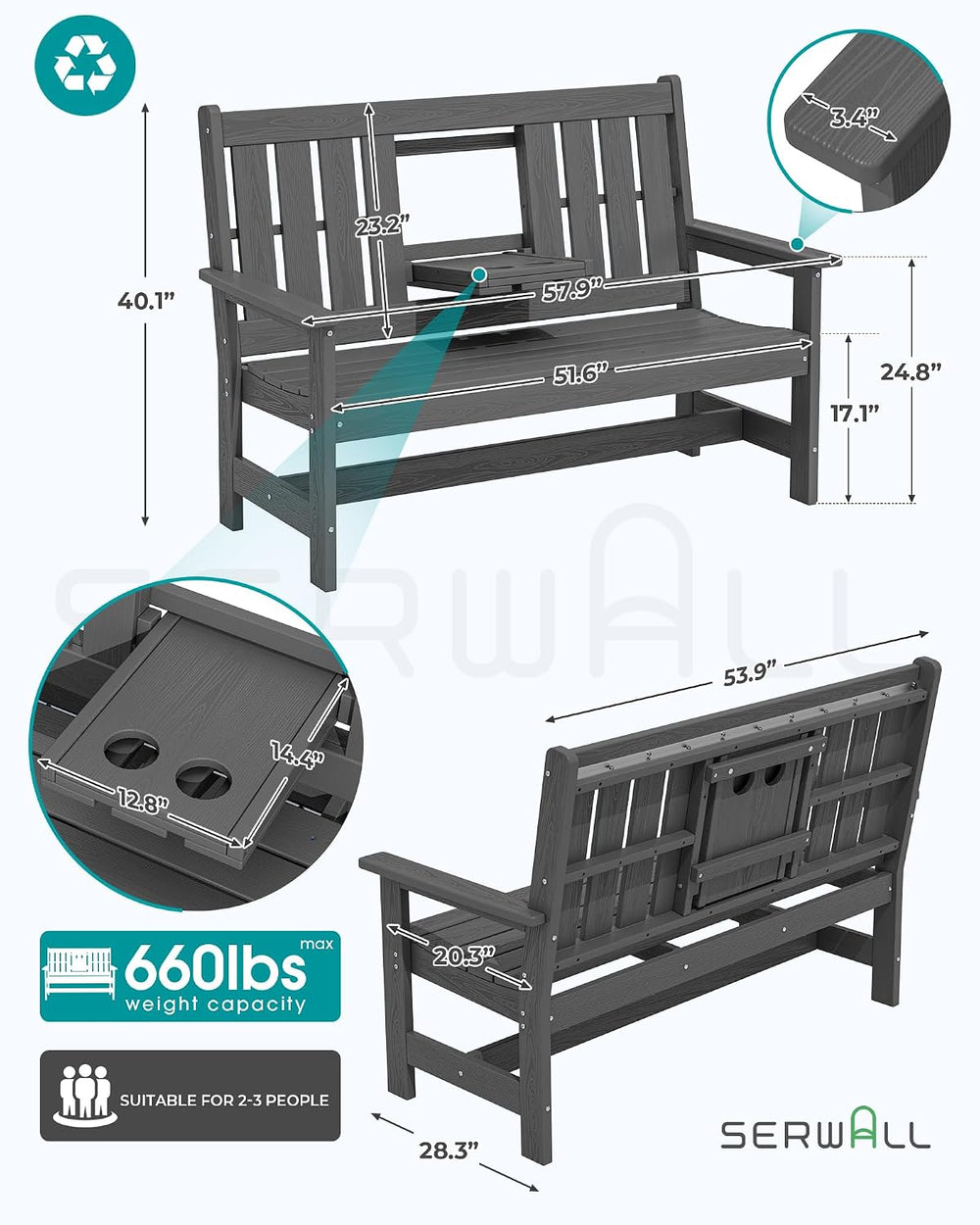 SERWALL HDPE Outdoor Bench with Cup Holder Oversized 58" Porch Bench, Grey