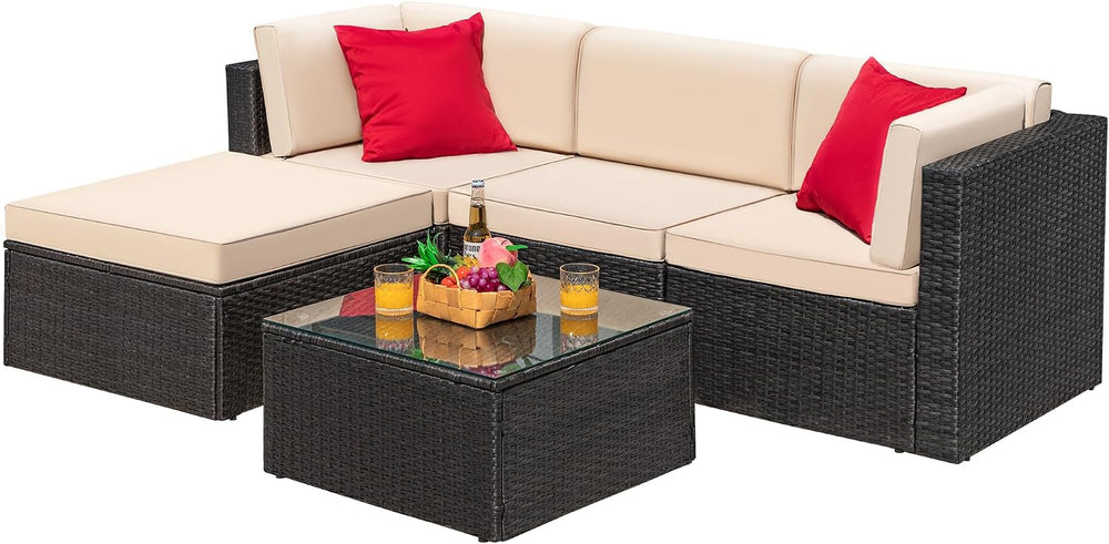 Greesum 5 Piece Patio Conversation Set Wicker Rattan Furniture Outdoor Sofa w...