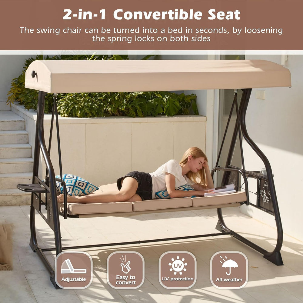 3-Seat Patio Porch Swing 800LBS Outdoor Swing with Stand w/Canopy & Adjus...