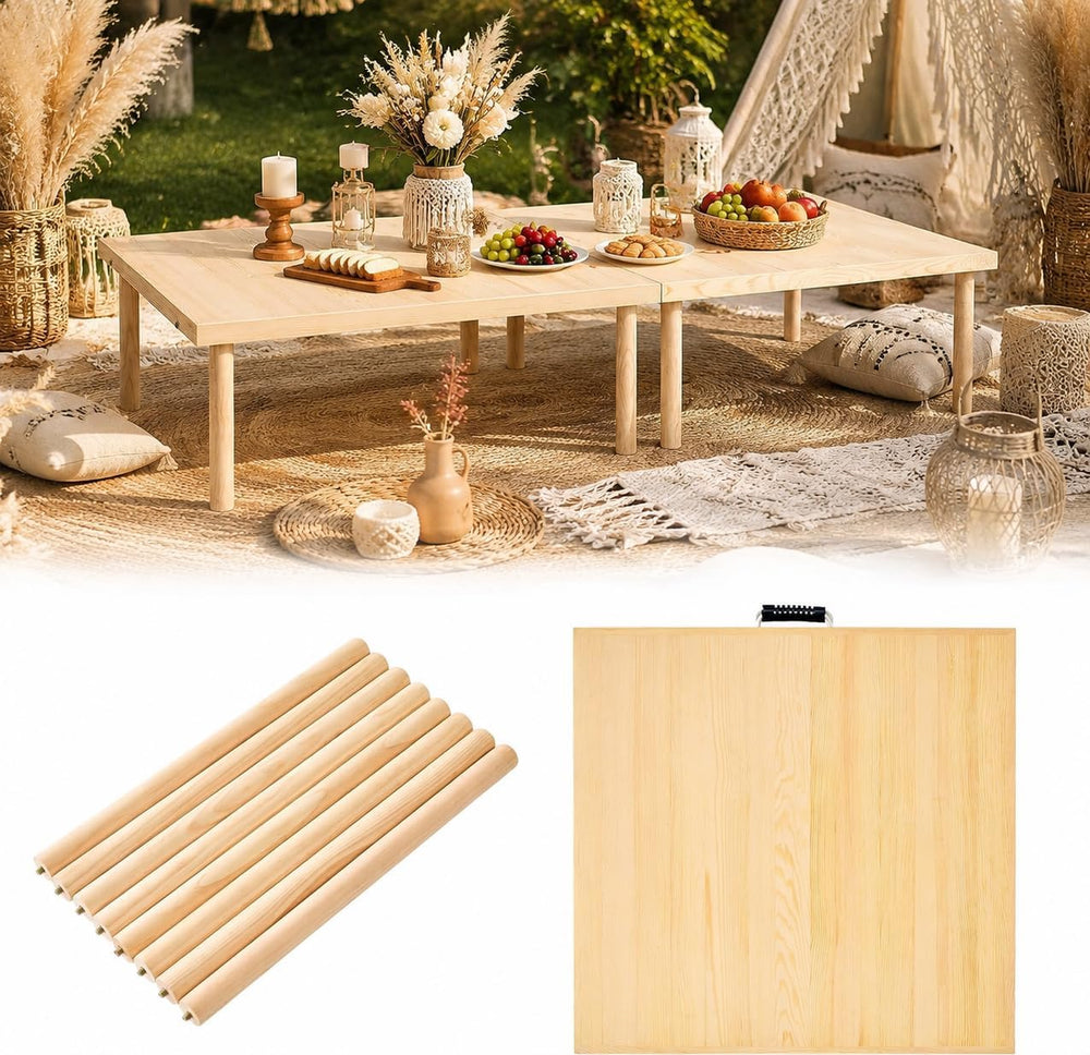 48” x 24” Boho Low Picnic Table, Foldable Solid Wood Picnic Table