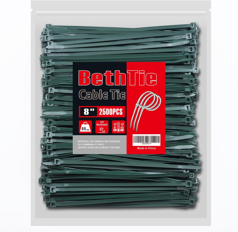 BethTie 8 Inch Dark Green Zip Ties 2500Pcs, 65 LBS UV Resistant Cable Ties