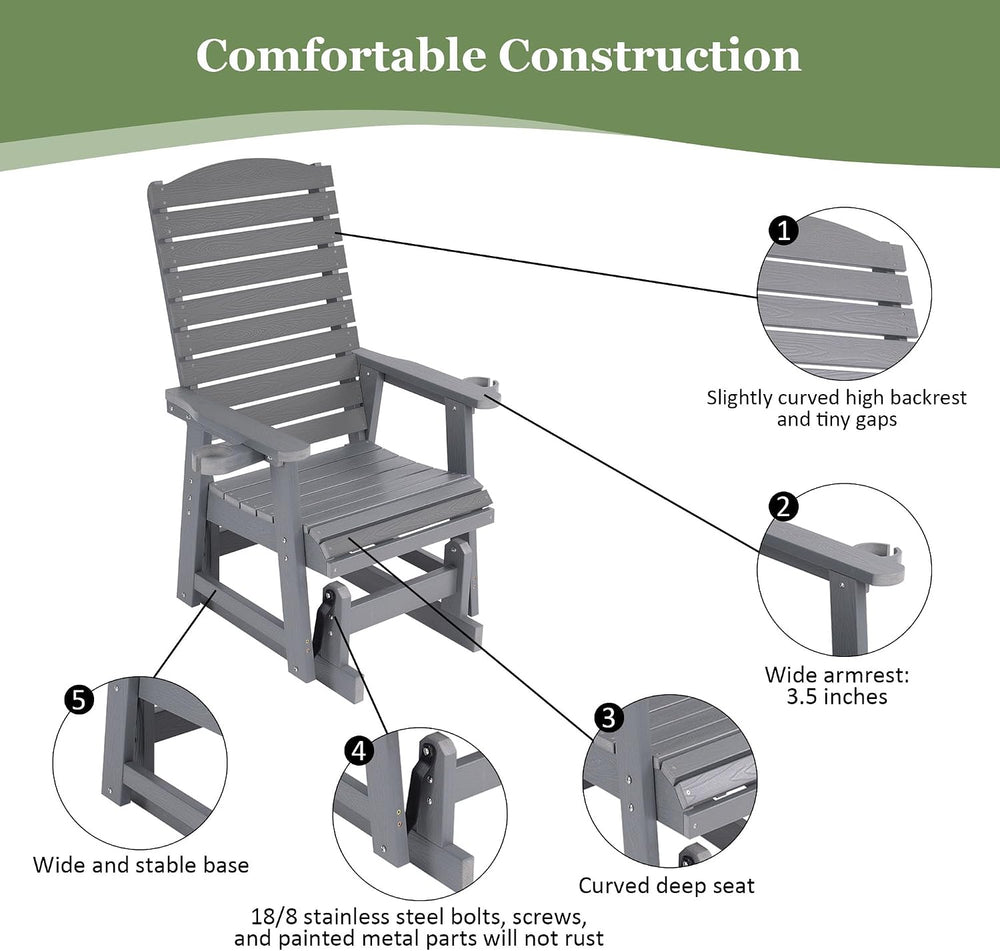 Poly Lumber Patio Glider for One Person, with Cup Holders, High Backrest and ...