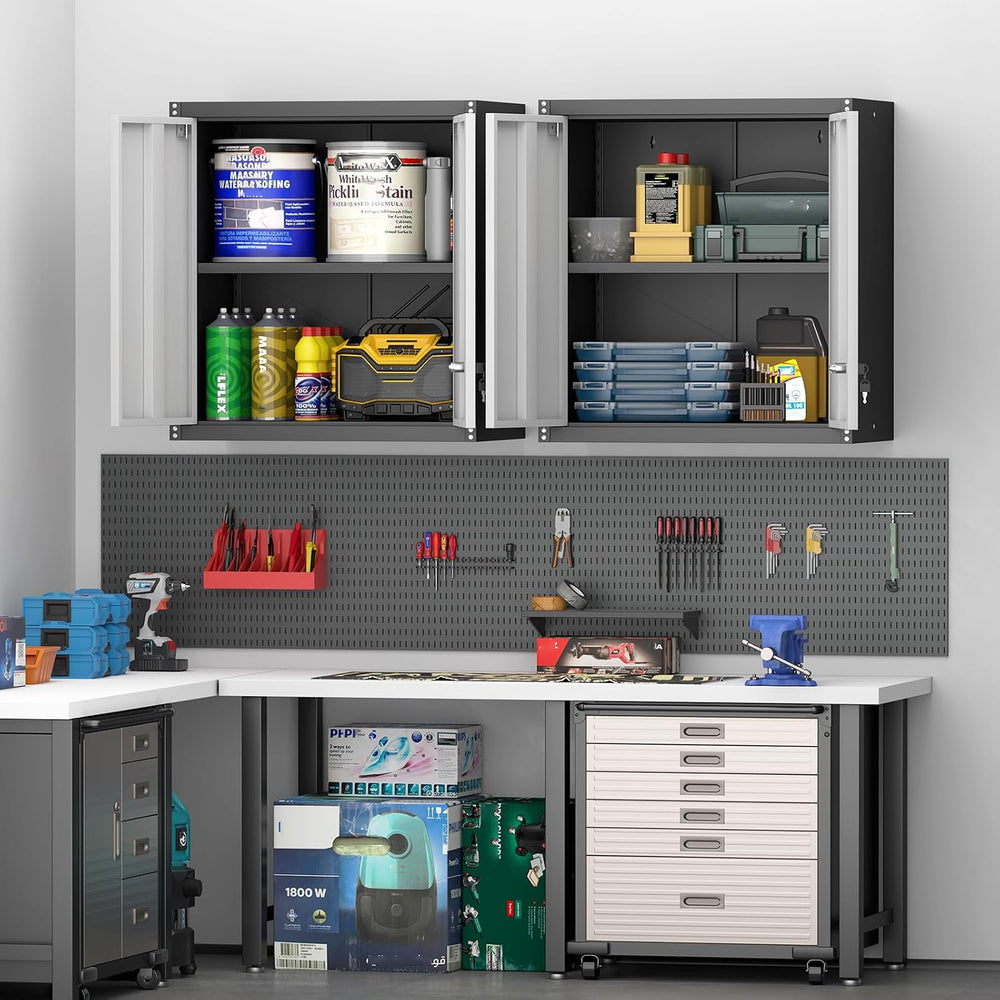 Metal Garage Storage Cabinet, Metal Wall Cabinets with Doors and Shelves, Ste...