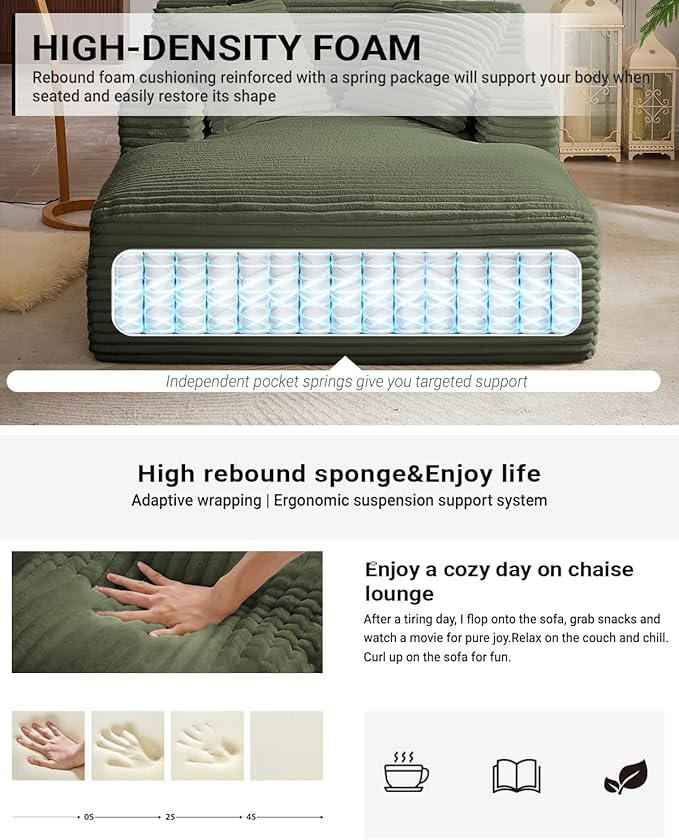 67 Inch Chaise Lounge Chair Indoor, Oversized Corduroy Upholstered Boneless S...