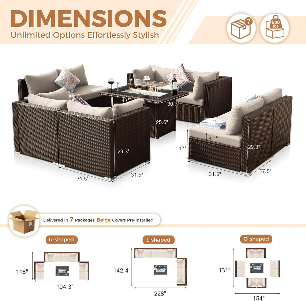 BULEXYARD 9 Piece Outdoor Patio Set with Fire Pit, Brown & Beige