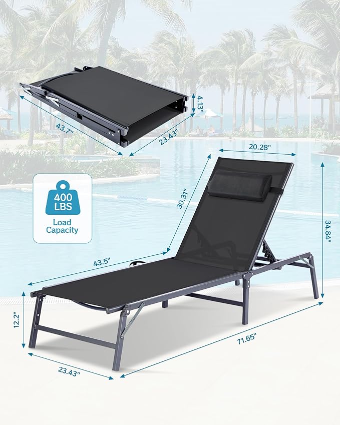 2 Pack Foldable Chaise Lounge Chair with Cup Holder, Assemble-Free Outdoor Lo...