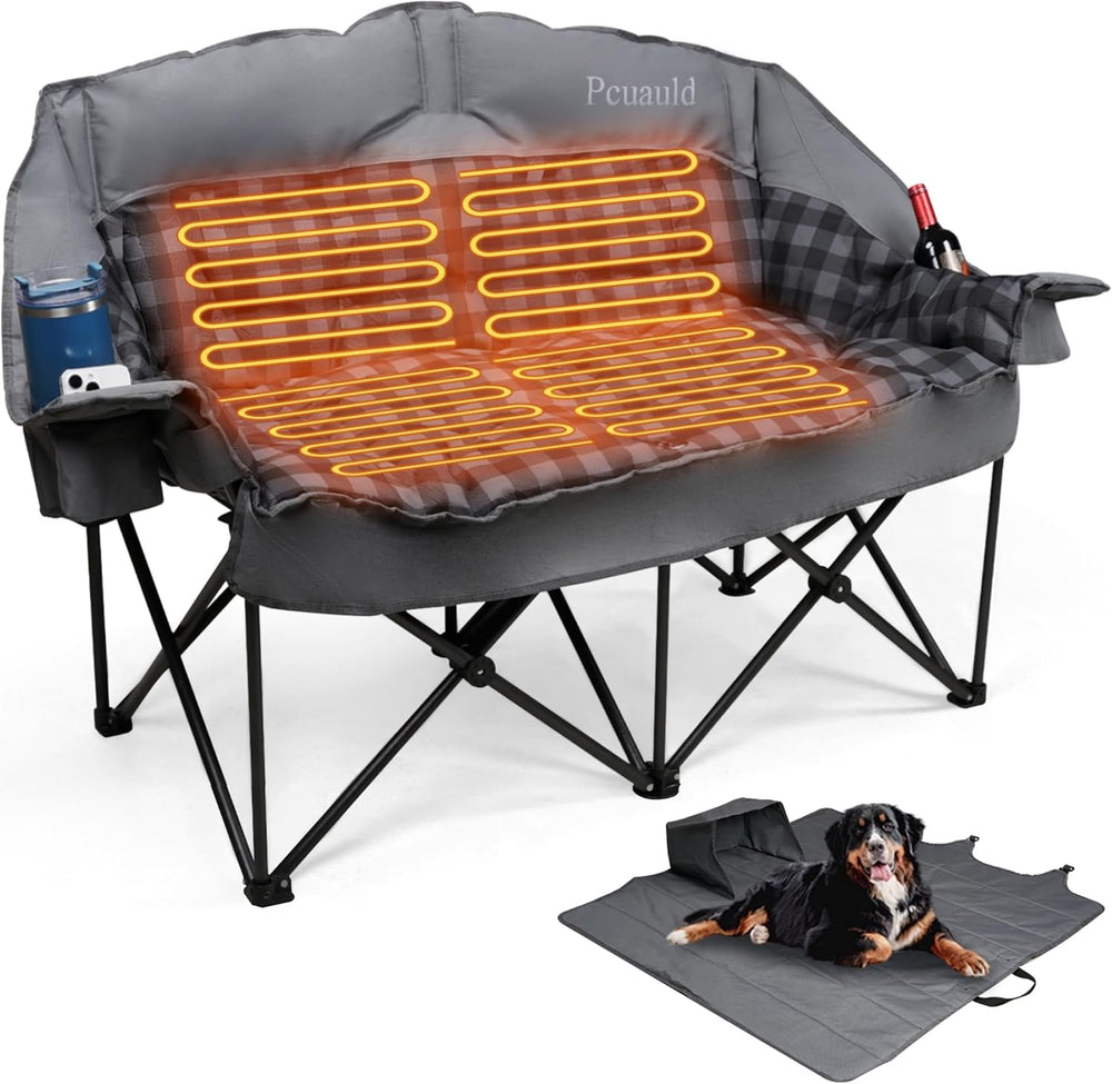 Heated Padded Double Camping Chair with 2 in 1 Carry Bag, 900LBS