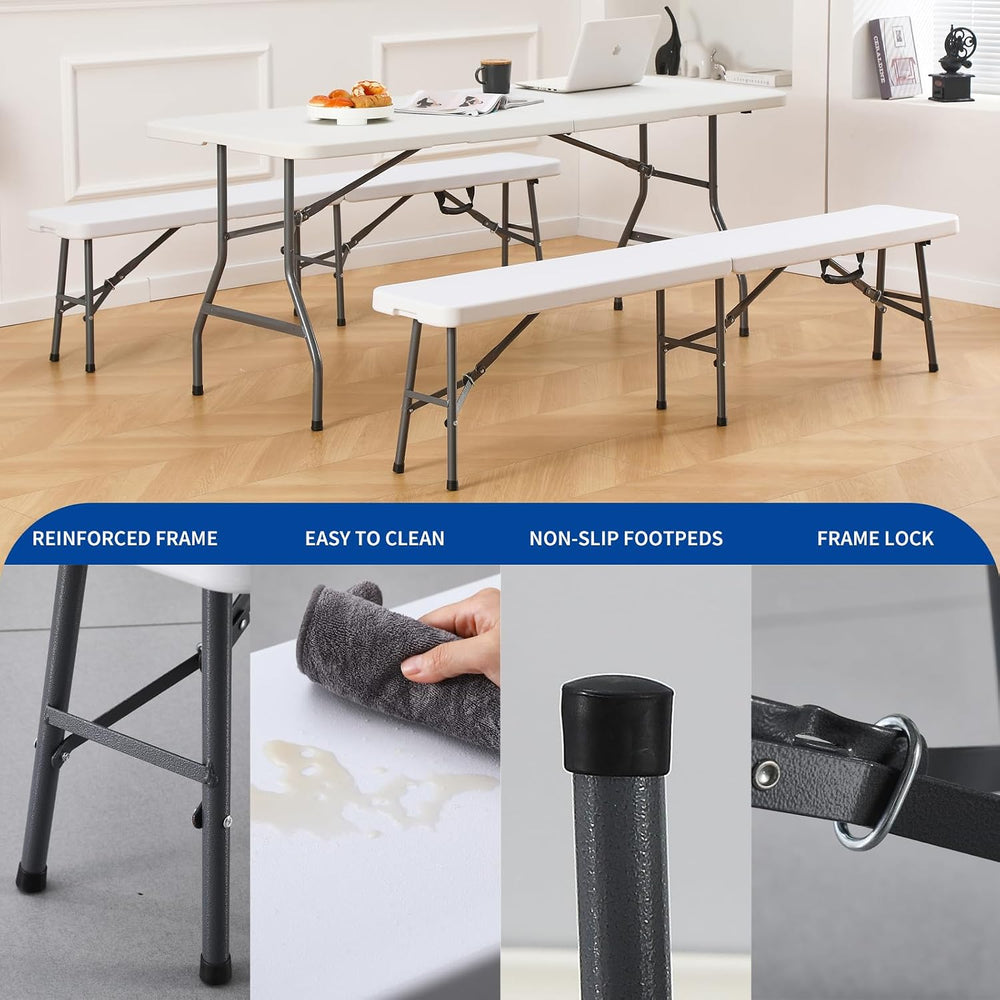 KAIHAOWIN 6FT Plastic Folding Bench White with Carrying Handle Indoor/Outdoor...
