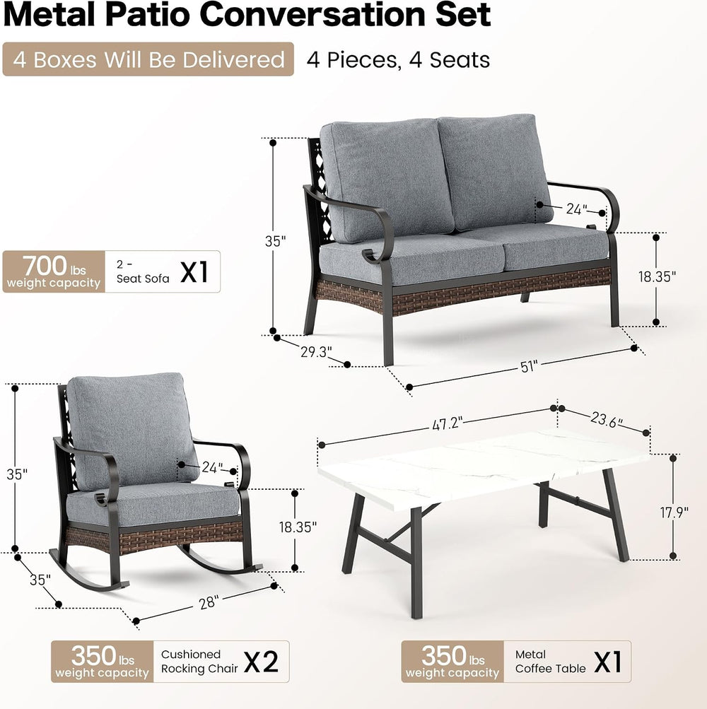 Metal Patio Furniture Set, 4 Seats, E-Coated Frame, Grey