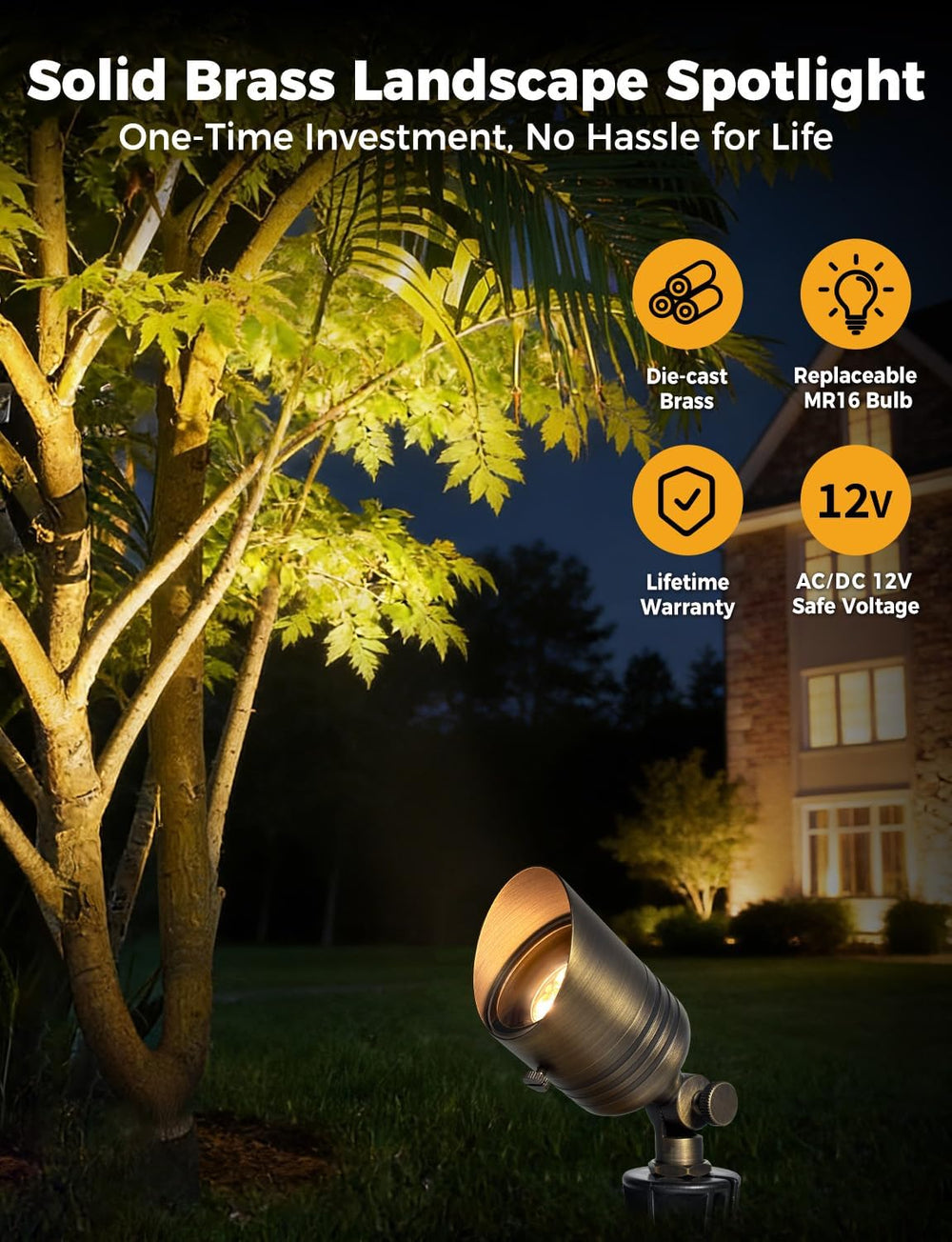 COLOER 5W 12V Brass Outdoor Landscape Spot Light with Bulb(4Pack) | Solid Bra...