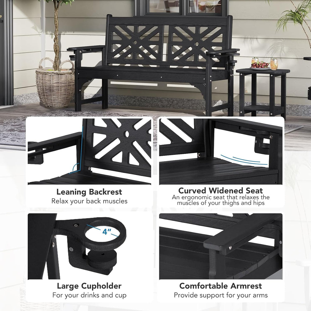 Oversized Outdoor Bench Set of 2, 51.5” HDPE Aesthetic Garden Bench with Cup ...