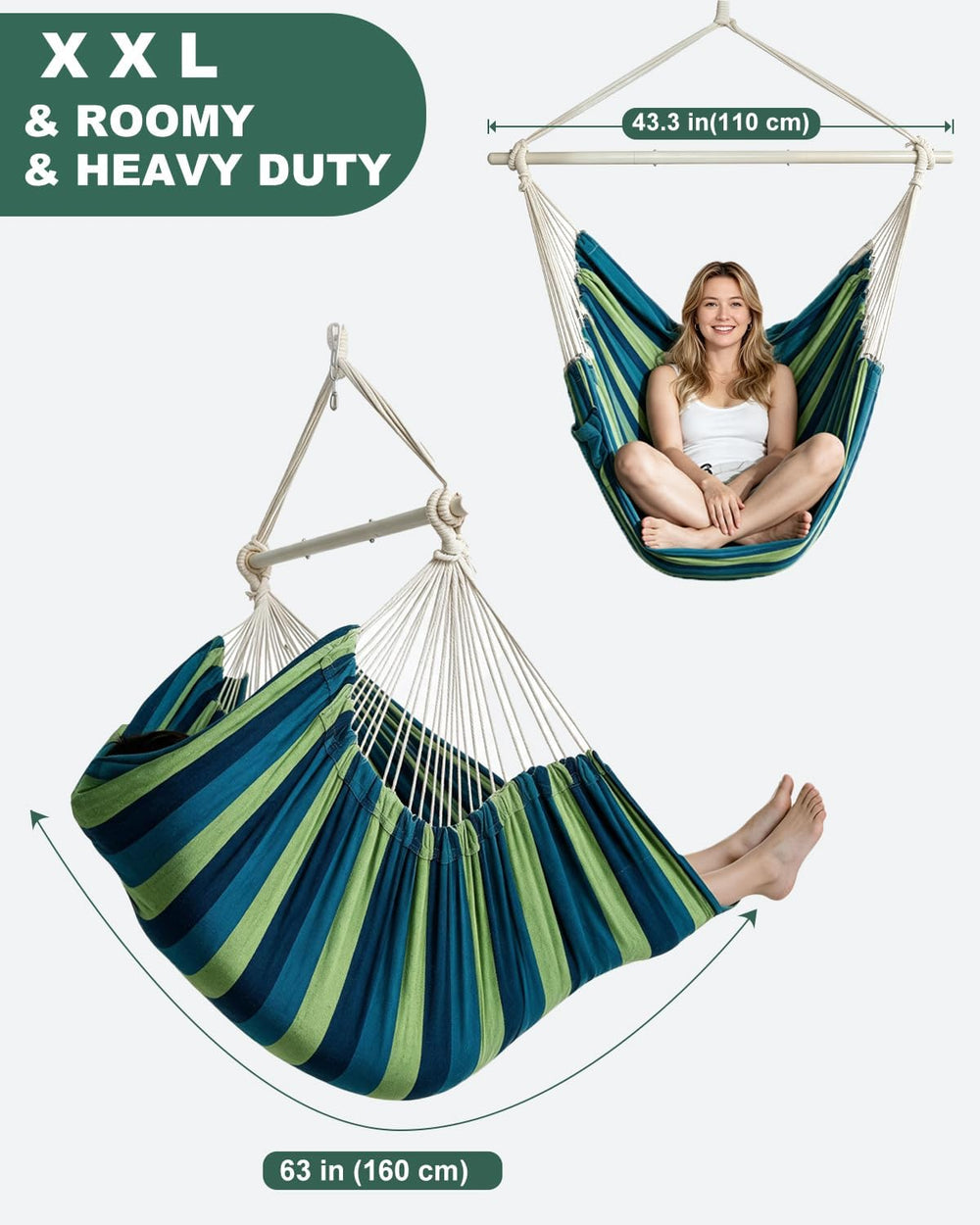 Lulladle Hammock Chair XXL with 2 Cushions, 500 lbs, All Hardware Included