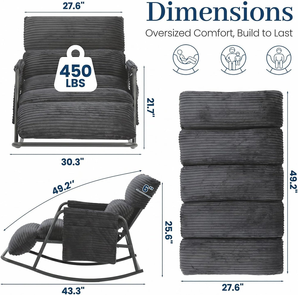 Oversized Corduroy Rocking Chair with Footrest, 3-Level Recliner Gray