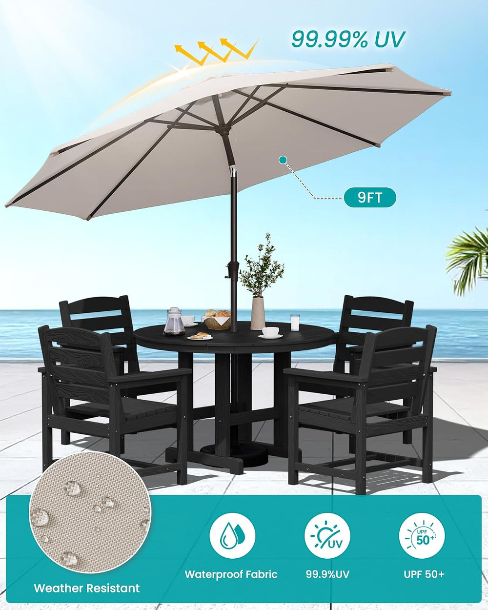 SERWALL 6-Pc Dining Set, 45" Table, 4 Chairs&9FT Umbrella, Black (No...