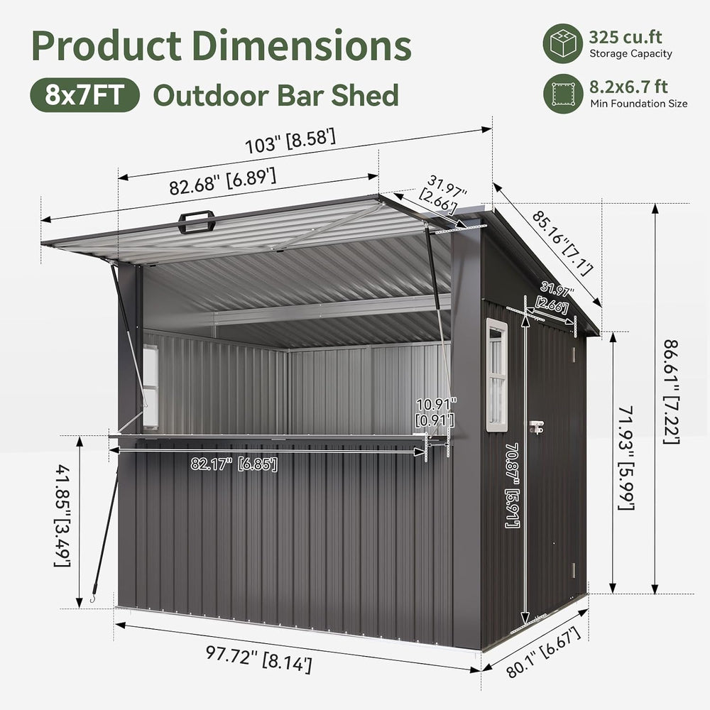 Aoxun 8x7 FT Outdoor Bar Shed with Canopy Black