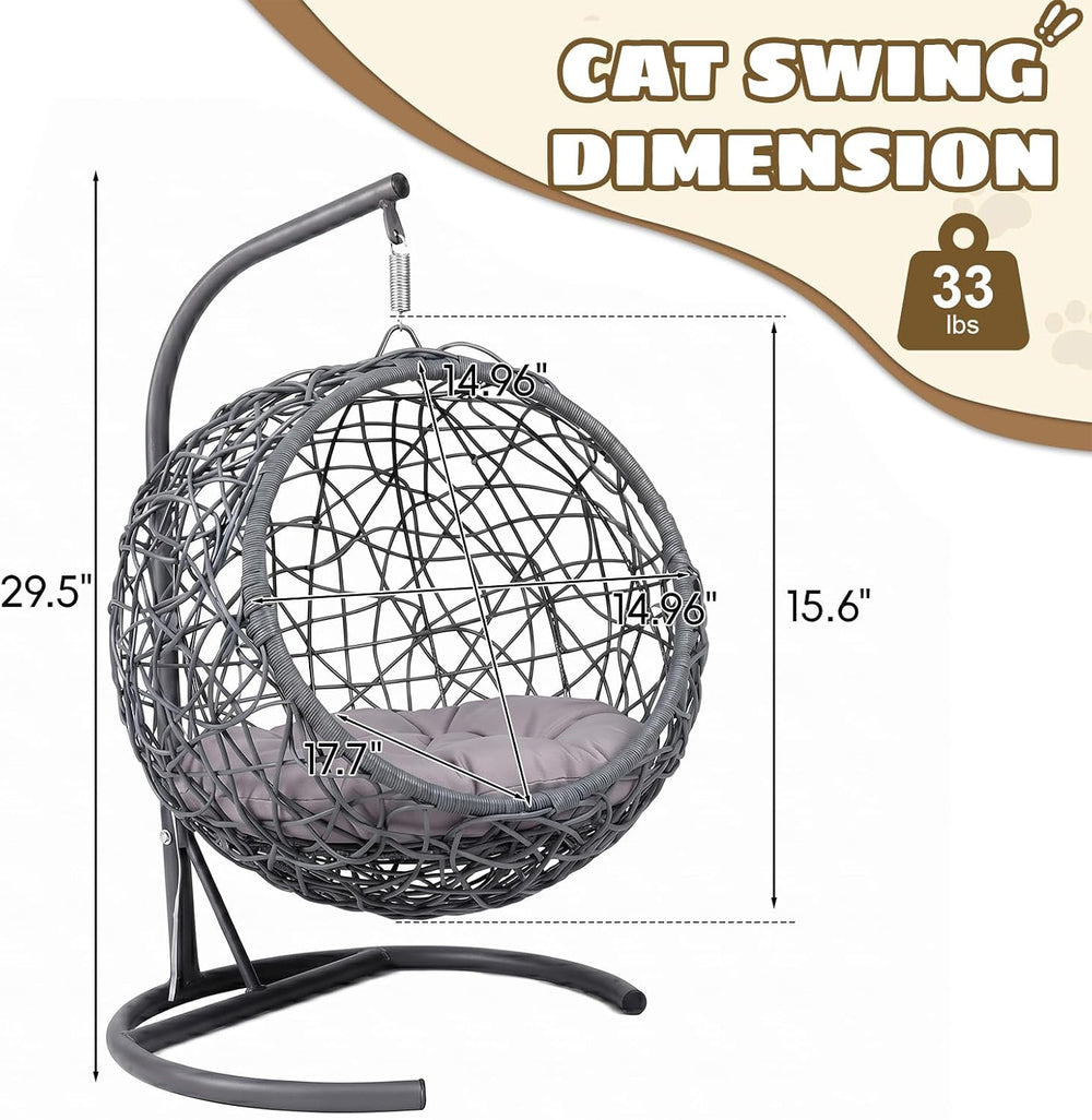 Hanging Cat Swing Bed with Stand, Rattan Egg Chair for Cats