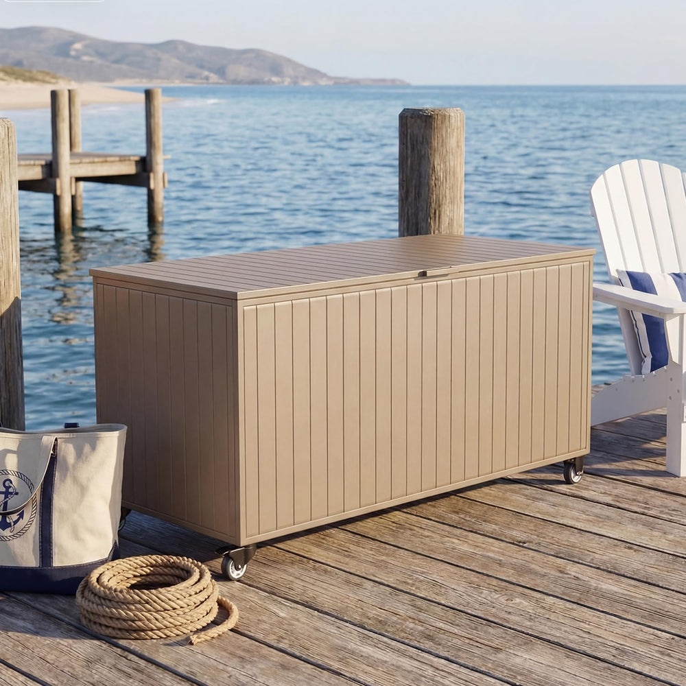 250 Gallon Metal Large Outdoor Deck Box with 4 Wheels, Brown