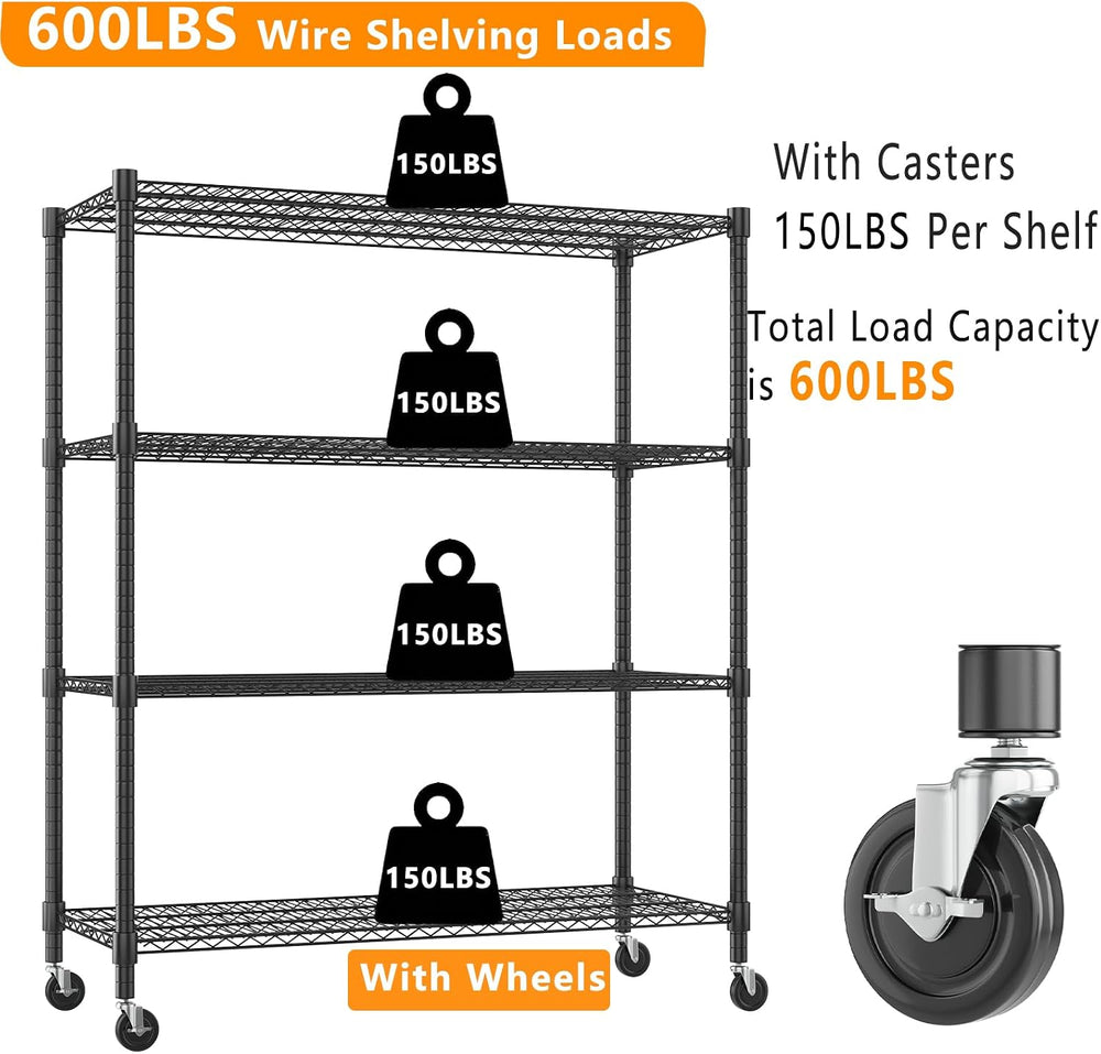 Himimi Storage Shelves 60" W Wire Shelving with Wheels 2600LBS Heavy Dut...