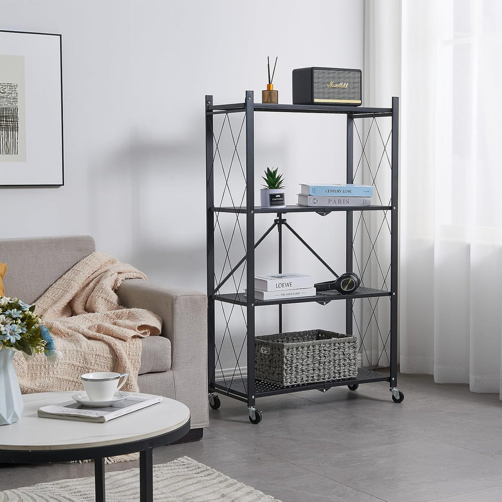 BRIAN & DANY 4-Tier Foldable Storage Shelves with Wheels, Folding Metal R...