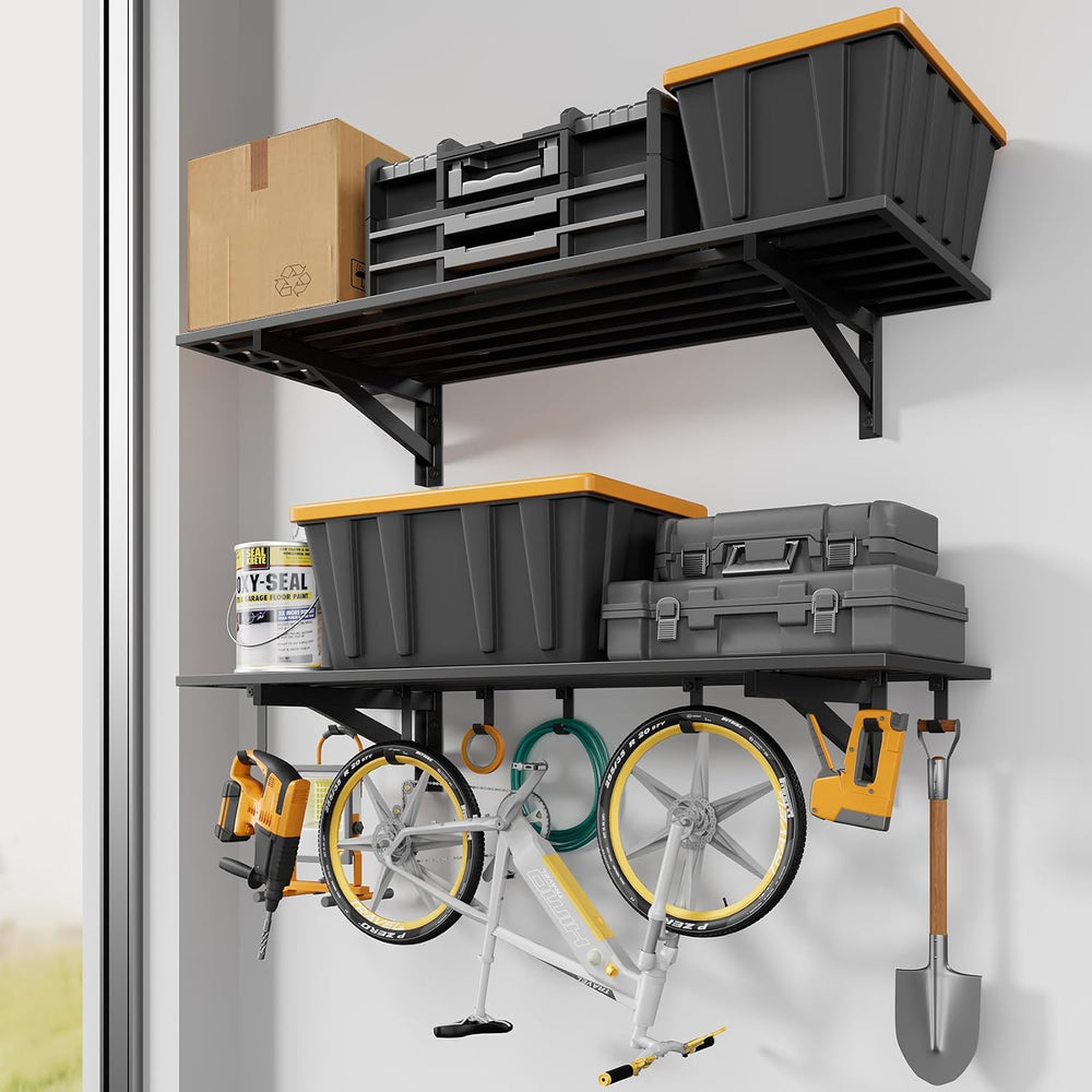 2 Pack Wall Mounted Garage Shelving with 8 Hooks, 1.5x4ft, 500lbs