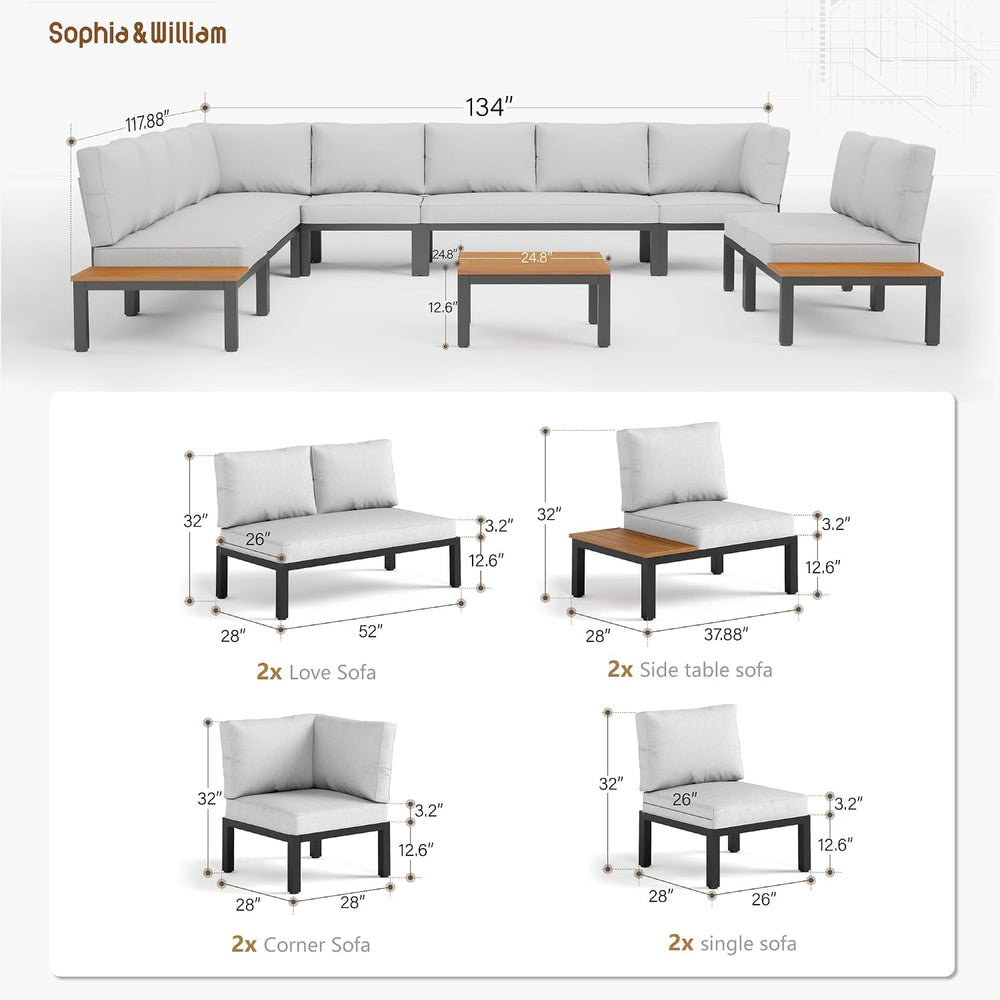 Sophia & William 10-Seat Metal Patio Sofa Sectional Set with Gray Cushions