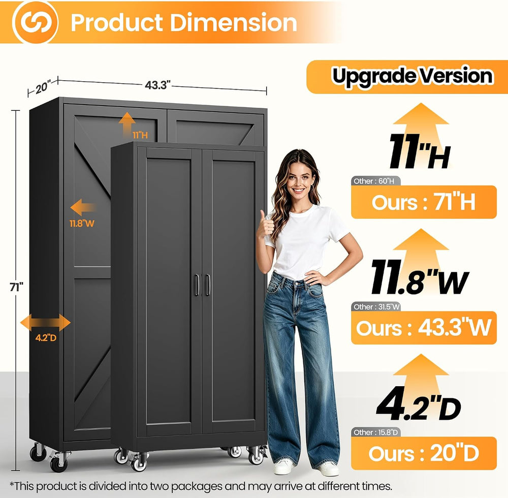 Deep & Wide Rolling Garage Storage Cabinets with Wheels & 2 Barn Door