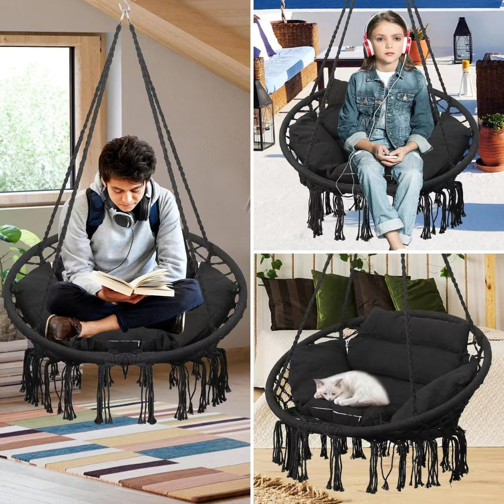 Goutime Hammock Swing Chair Macrame Boho Hanging Chairs Black