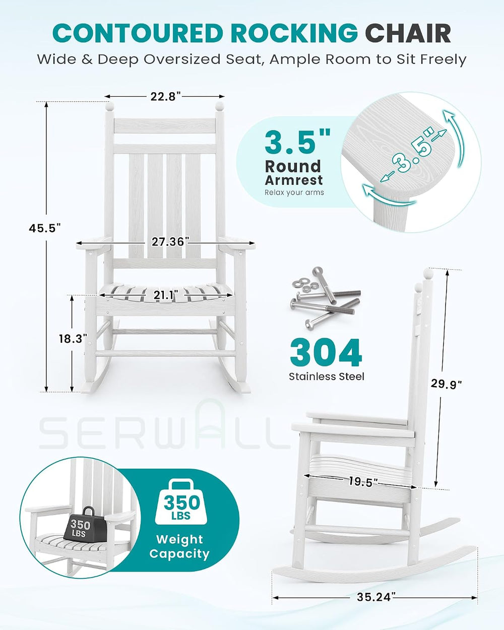 SERWALL Rocking Chair Outdoor, Comfortable Rocker for Adults, White